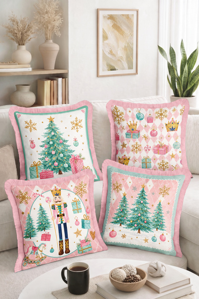 Home Set of 4 Fringed-Tasseled Throw Pillow Covers with Christmas Tree, Snowf...