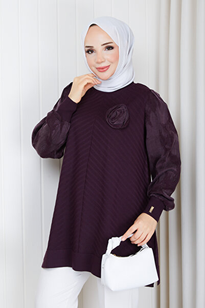 Pamuk Butik Women's Rose Detailed Sleeve Silk Kupra Mercerized Knitwear Tunic