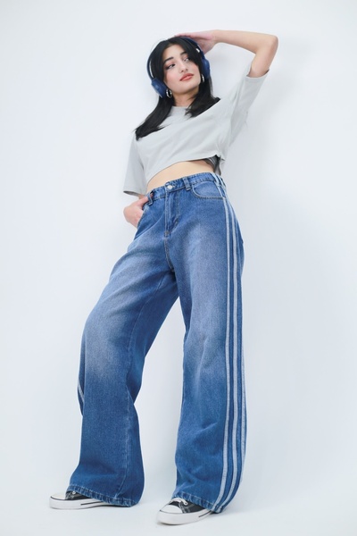 harmony factory Wide Leg Yüksek Bel Yan Şeritli Vintage Yıkamalı Kot Pantolon