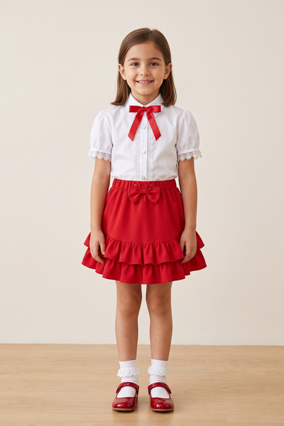 FATELLA Girls' Red Bow Lace White Short Sleeve Shirt Red Bow Double Ruffle Sk...