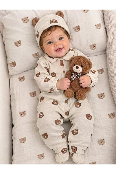 MİLAYS LİFE HOME COLLECTİON Mi̇lays Muslin Bear Patterned 2-Piece Muslin Jump...