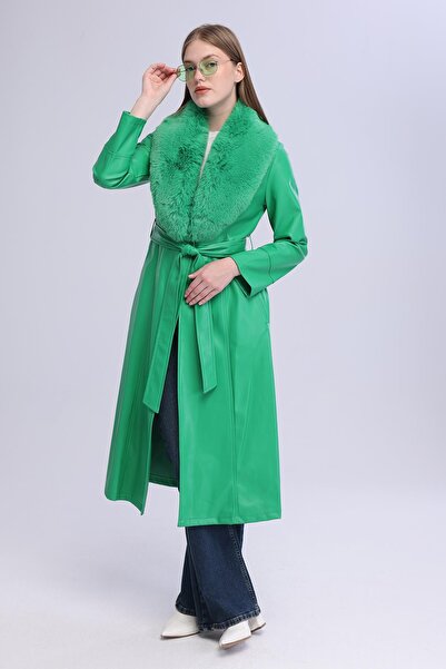 Select Moda Women's Plush Collar Leather Look Long Coat