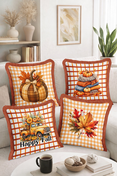 Home Happy Fall Sonbahar Balkabağı Yaprak ve Kamyon Desenli 4'lü Saçaklı-Püsk...
