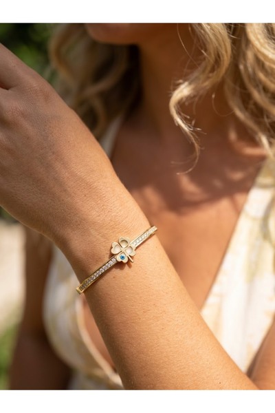 İNN JEWELLERY 316 L Çelik Kelepçe Bileklik Su Yolu Yonca Figürlü Renk Atmaz