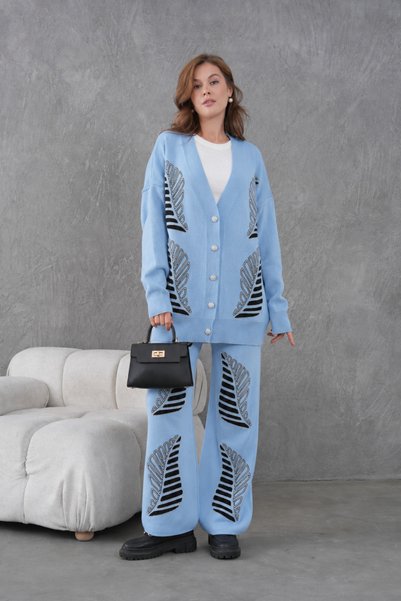 Moda Neval Women's Embroidered Long Cardigan Wide-Leg Pants Knitwear Set