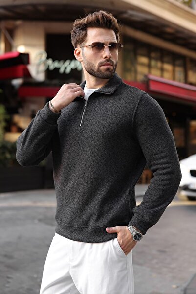 Madmext Black Polo Collar Half Zipper Knitted Men's Sweater E7201