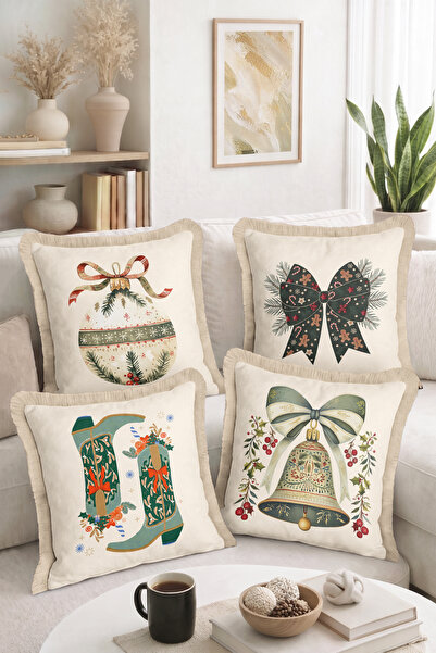 Home New Year's 4-Piece Fringed-Tasseled Throw Pillow Cover Set with Bow, Bel...