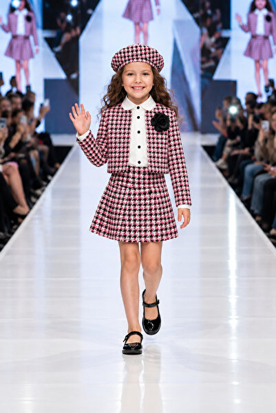 Momivi Kids Girl's Houndstooth Patterned Jacket, Skirt and Hat 3-Piece Set (w...