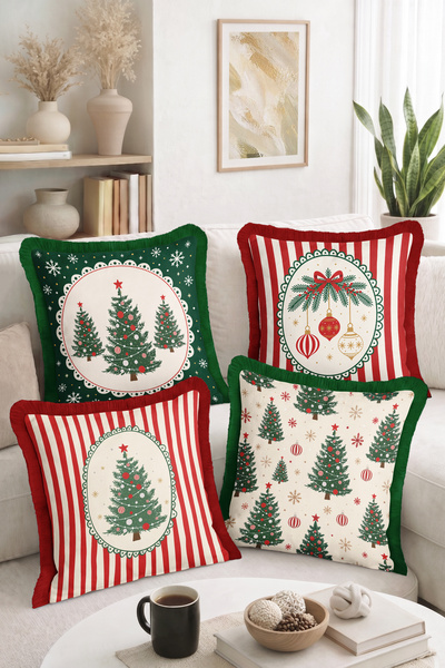 Home Christmas Pine Tree, Snowflake and Red and White Striped Pattern 4-Piece...