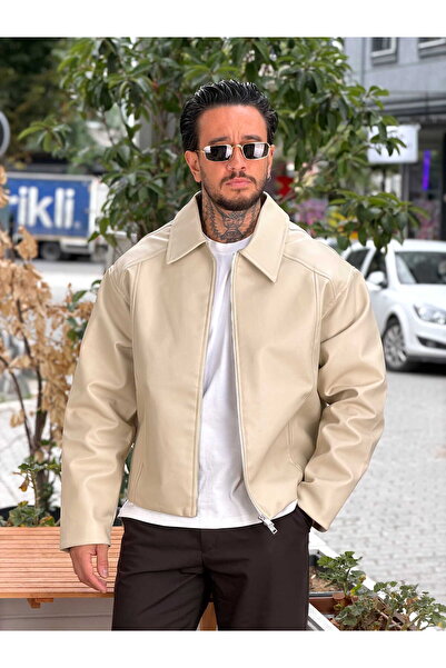 manch collection 25-12 Oversize Suni Deri Ceket Krem