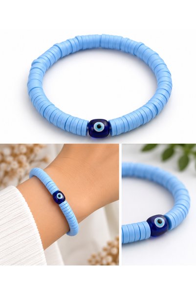TGROUP Lilac Bead Bracelet with Evil Eye Bead Detail, Flexible Women's Bracelet 16 Cm.