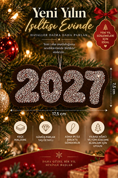 Taşteks 2027 Taşlı Keçe Yılbaşı Ağacı Süsü – Gümüş Parlak Taşlı Yeni Yıl Dekoru