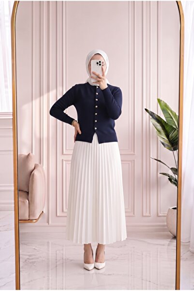 Holehola Selcan Mini Gold Buttoned Six Ribbed Knitwear Cardigan-Kr6030 Navy Blue