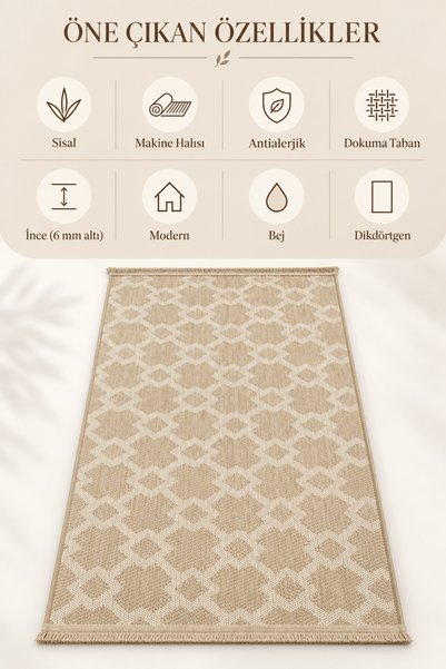 Bej Baklava Desenli Sisal Yıkanabilir Dekoratif Halı