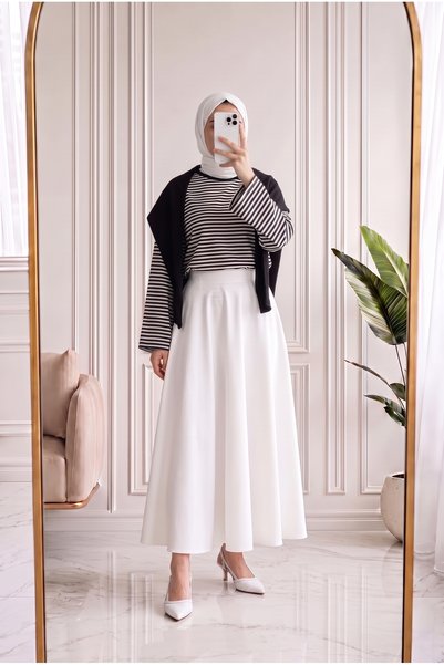 MİHRA STORE مايرا تونيك مع وشاح مخطط-SS13254 أسود