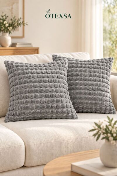 OTEXSA Gray Embossed Round Pompom Textured Double-Sided Decorative Throw Pill...