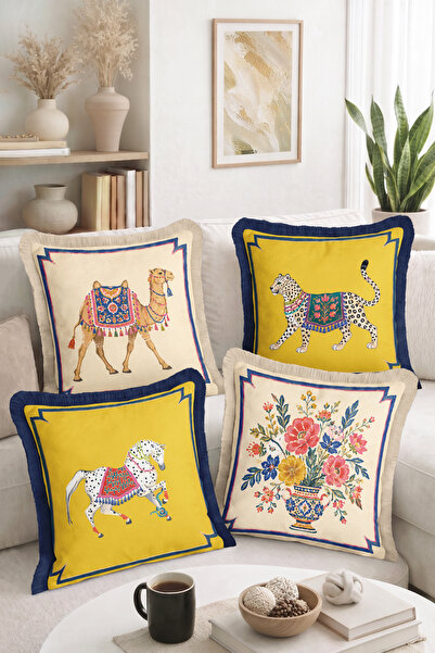 Home Colorful Bohemian Decorative 4-Piece Fringed-Tasseled Throw Pillow Cover...