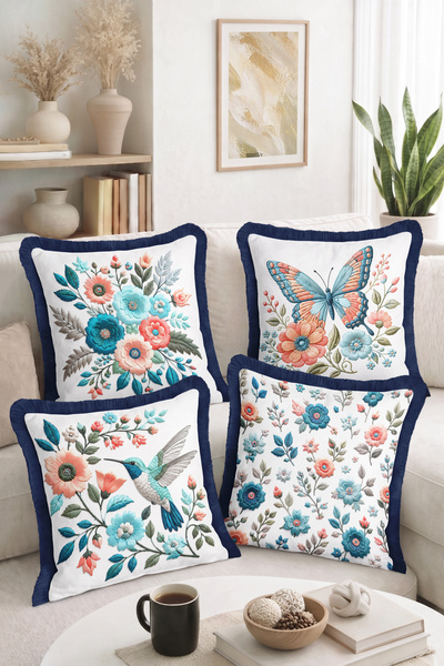 Home Decorative 4-Piece Fringed-Tasseled Throw Pillow Cover Set with Floral, ...