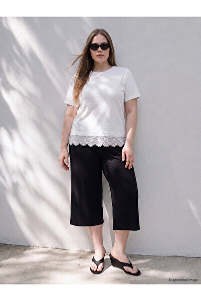 LC Waikiki Alita City Lcw Curve Black Combed Cotton Straight Loose & Baggy Wo...