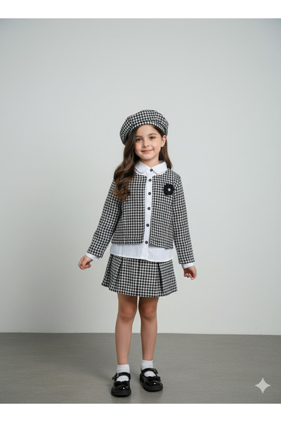 Momivi Kids Girl's Houndstooth Patterned Jacket, Skirt and Hat 3-Piece Set (w...