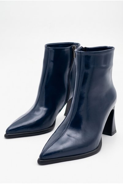 Shoesers Women's Thick Heeled Pointed Toe Daily Navy Blue Boots with Sewing Detail