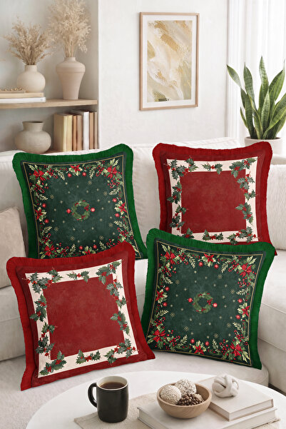 Home Christmas Flower, Wreath and Red-Green Leaf Pattern Throw Pillow Cover S...