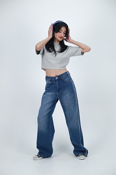 harmony factory Wide Leg High Waist Side Stripe Vintage Washed Denim Trousers