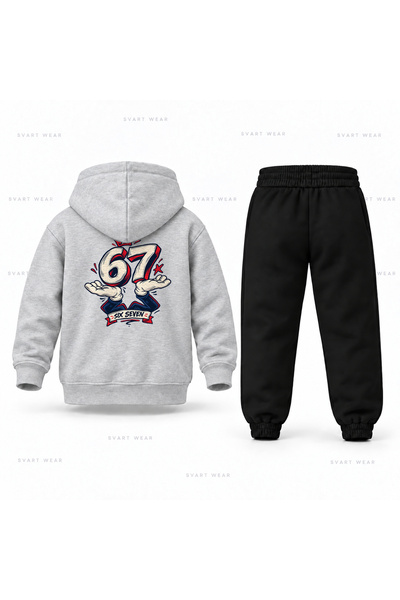 SVART WEAR ستي سيڤن 67 طقم بدلة رياضية للأطفال مطبوعة يدويًا بغطاء للرأس