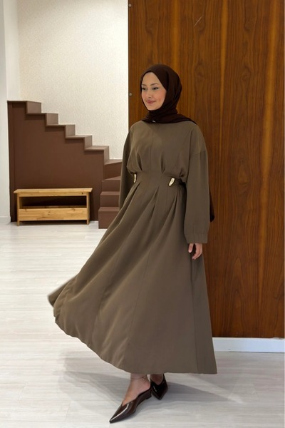 fayaboutique.com Koyu Vizon Crep Kumaş Frise Elbise