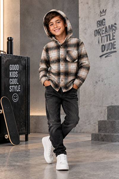 Momivi Kids Boy's Cotton Hooded Plaid Patterned Single Shirt