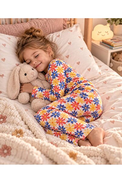 Yarusya Kız Çocuk Pijama Takımı %100 Pamuk Renkli Çiçek Desenli Uzun Kollu 2 ...