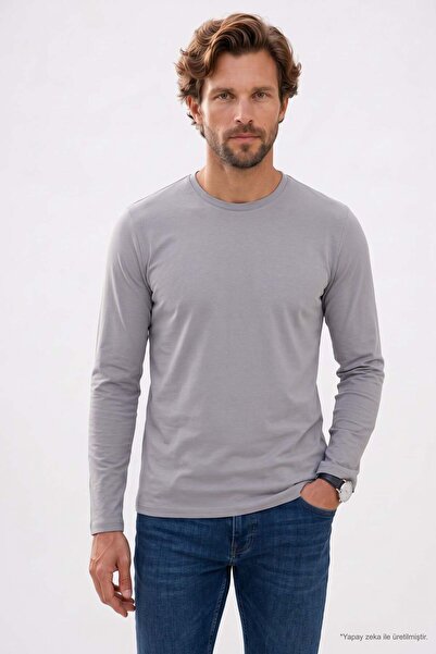 Tudors Erkek Slim Fit Dar Kesim Pamuklu Yumuşak Dokulu Bisiklet Yaka Gri Swea...