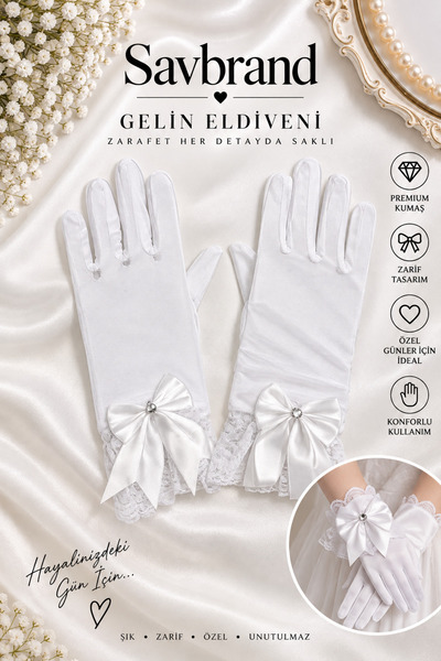 SavBrand Elegant Lace Detailed Bow Decorated Bridal Gloves Stylish Special Oc...