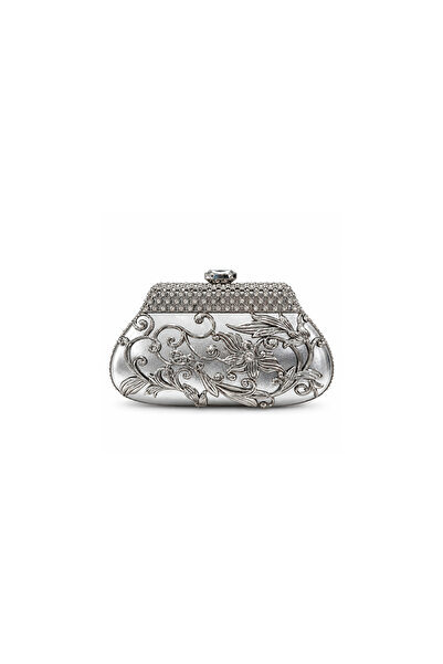 Mozto Flore Gümüş Renk Çiçek Detaylı Metal Clutch Abiye Çanta