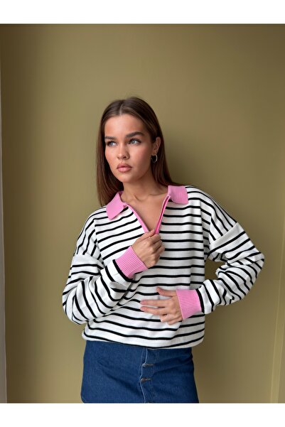 KENZA'A TRİKO Polo Collar Half-Zip Striped Sweater
