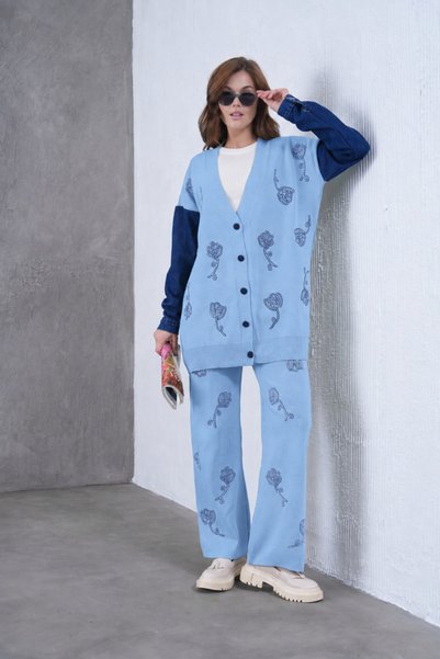 Moda Neval Women's Embroidered Denim Garnished Relaxed Cut Cardigan Pants Kni...