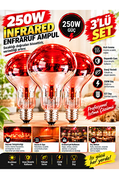 LDN 3 ADET --250W İnfrared Isıtıcı Ampul 3'lü Set - Kırmızı Kızılötesi Civciv...