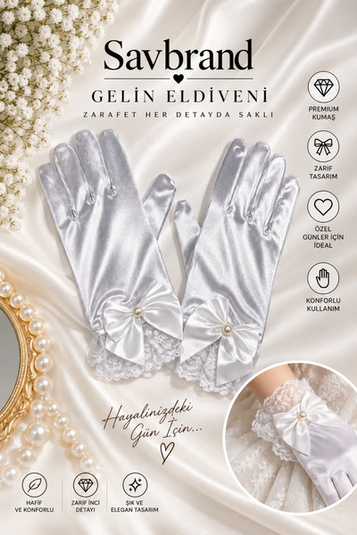 SavBrand Satin Bow Lace Detailed Bridal Gloves Elegant Stylish Design