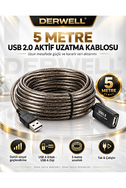 Derwell Yeni 2026 5 Metre USB 2.0 Aktif Uzatma Kablosu Dahili Güçlendirilmiş ...