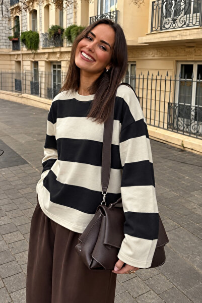 Bipantolon Kadın Siyah Krem Kalın Çizgili Bisiklet Yaka Oversize Sweatshirt