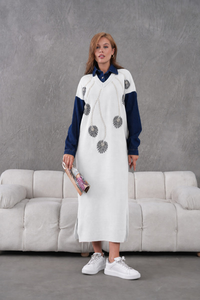 Moda Neval Women's Sleeves Jeans Embroidery Embroidered Wide Fit Long Knitwea...