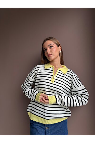 KENZA'A TRİKO Polo Collar Half-Zip Striped Sweater