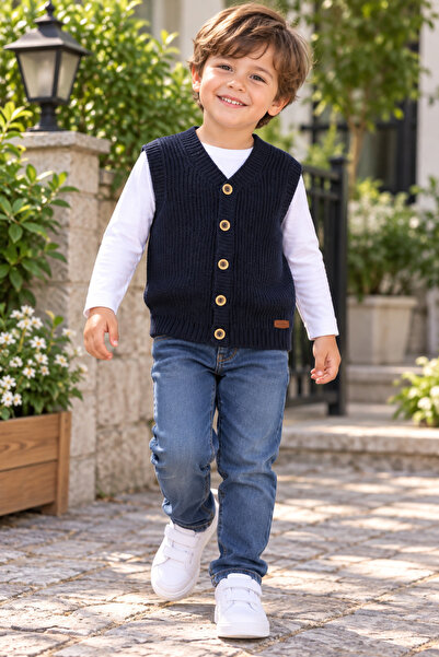 SERPİL Ss Gi̇yi̇m Boys' Knitted Sweater – V-Neck Buttoned Knitwear Vest, Casu...