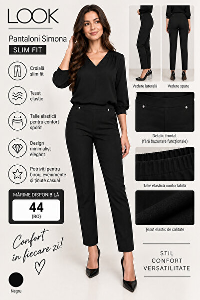 Look Pantaloni damă Simona, negri, Slim Fit, talie elastică, viscoză și elastan