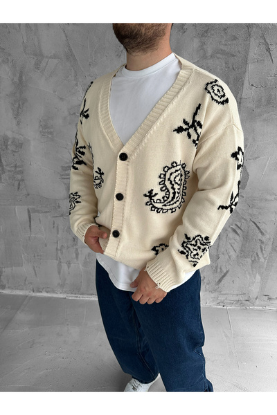 NO1 KONSEPT Beige Shawl Patterned Buttoned Premium Oversize Knitwear Knitted ...