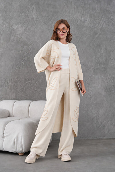 Moda Neval Women's Embroidered Long Cardigan Pants Knitwear Two-Piece Set