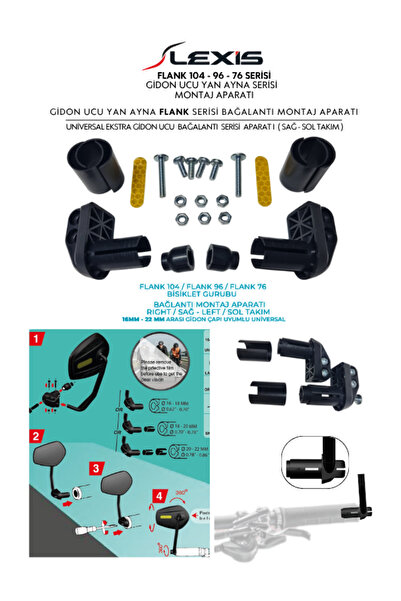Flank 104 / 96 / 76 Serisi Montaj Aparatı Bisiklet-Elektrikli Scooter-E Bike-Gidon Yan Aynası-Dikiz Aynası Montaj Aparatı