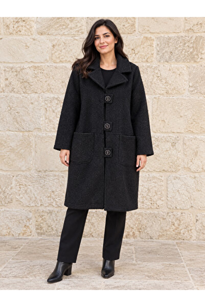 AGORATEKSTİL Women's Italian Double Pocket Buttoned Boucle Fabric Coat 46-52