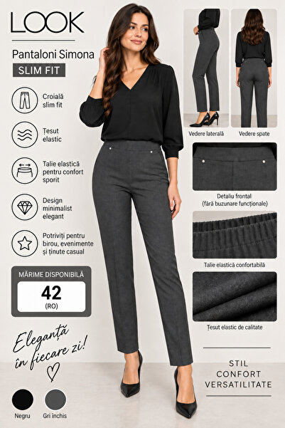 Look Pantaloni damă Simona, gri, Slim Fit, talie elastică, viscoză și elastan