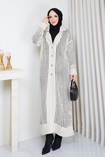 Pamuk Butik كارديجان نسائي طويل منسوج بياقة مزدوجة وتصميم مخرم